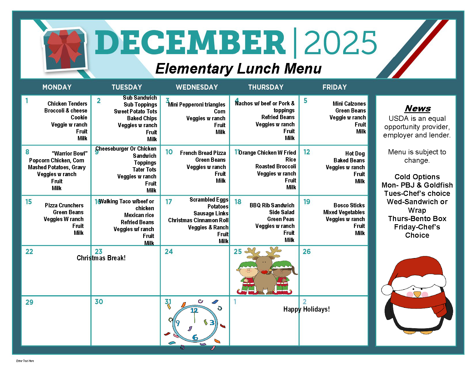December Elementary Lunch Menu